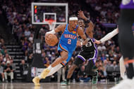 Oklahoma City Thunder guard Shai Gilgeous-Alexander dribbles past Sacramento Kings guard Keon Ellis at the Golden 1 Center. Photo Credit: Imagn